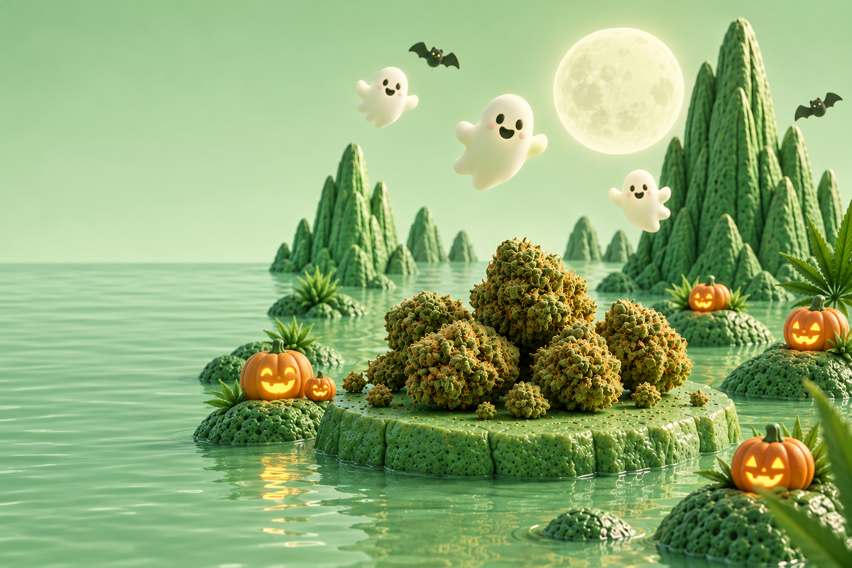 Paysage TABU d'Halloween : fleurs de CBD, citrouilles, petits fantômes et pleine lune.