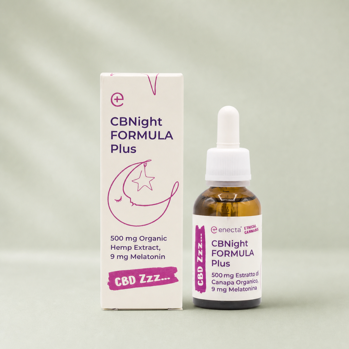 CBNight Formula Plus — boîte et flacon sur fond Beldia vert sauge clair