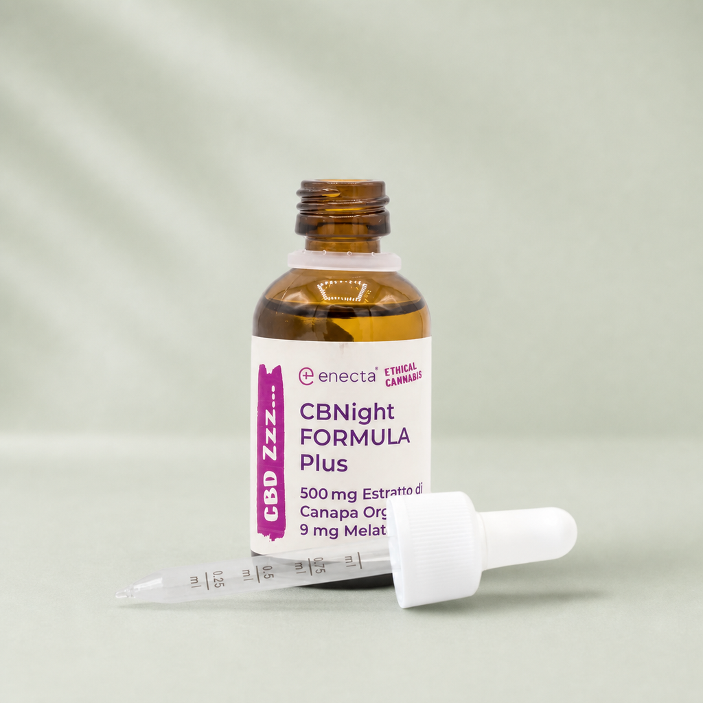 CBNight Formula Plus — flacon ouvert et pipette sur fond Beldia vert sauge clair