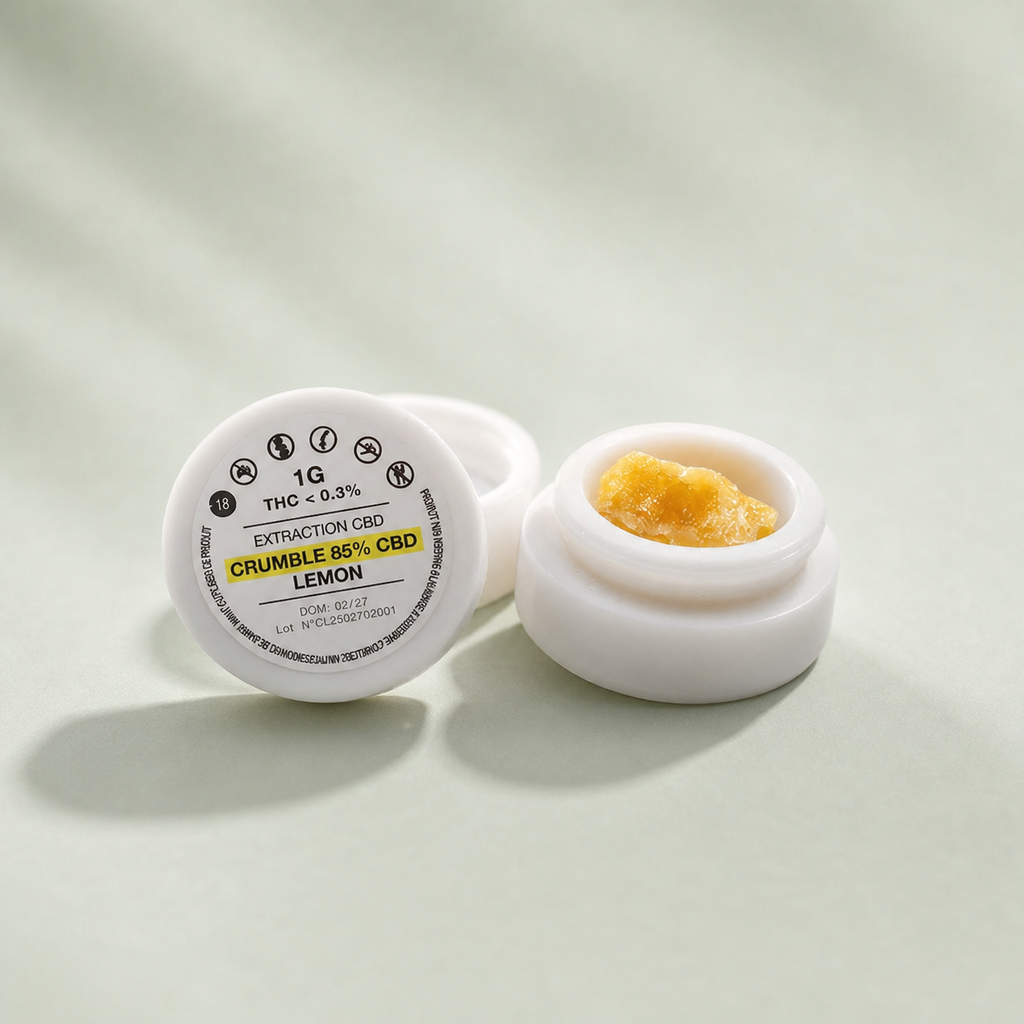 Crumble Lemon Haze 85% CBD sur fond inspiré Beldia avec ombre réaliste unique