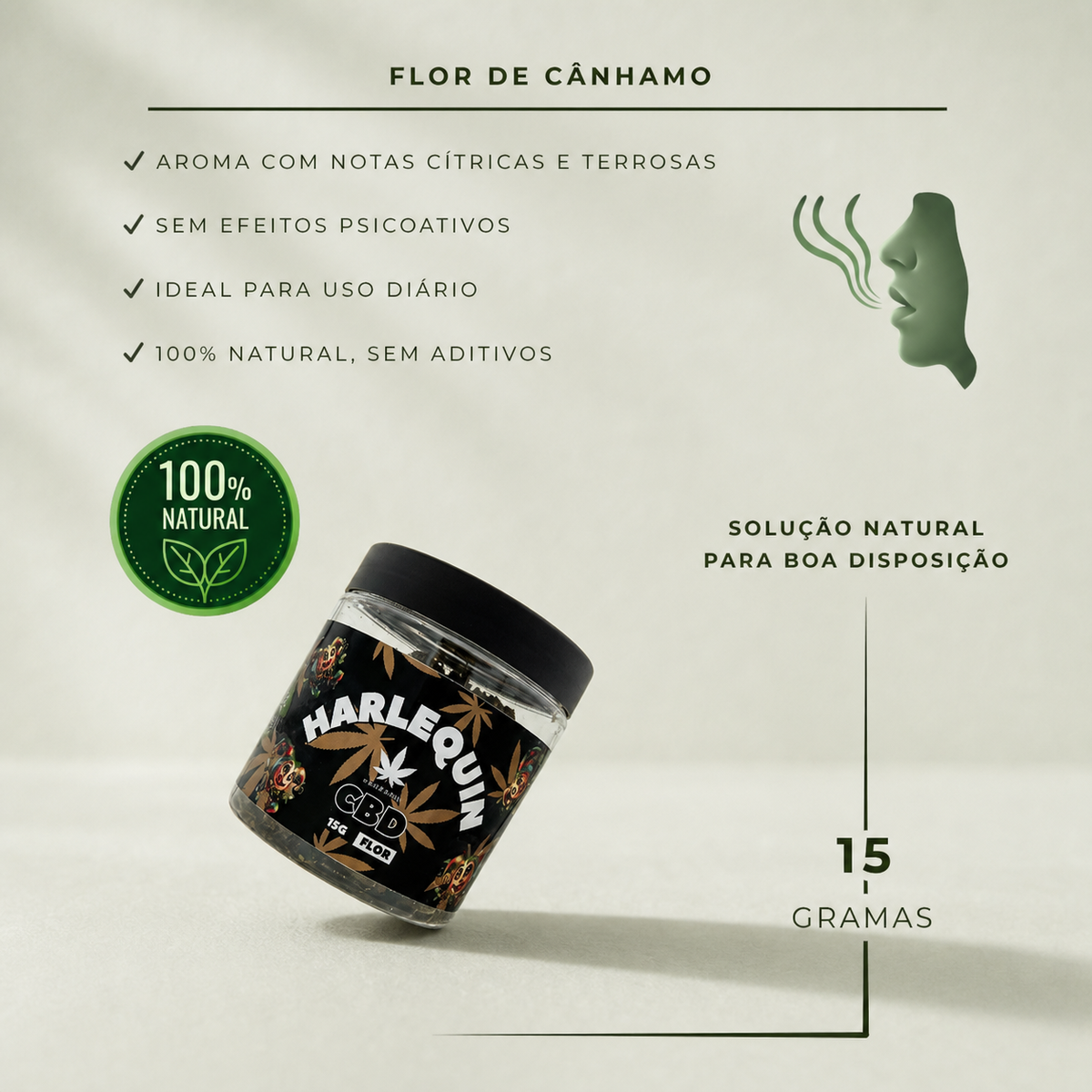 Informations Flor de CBD Harlequin 15g sur fond Beldia