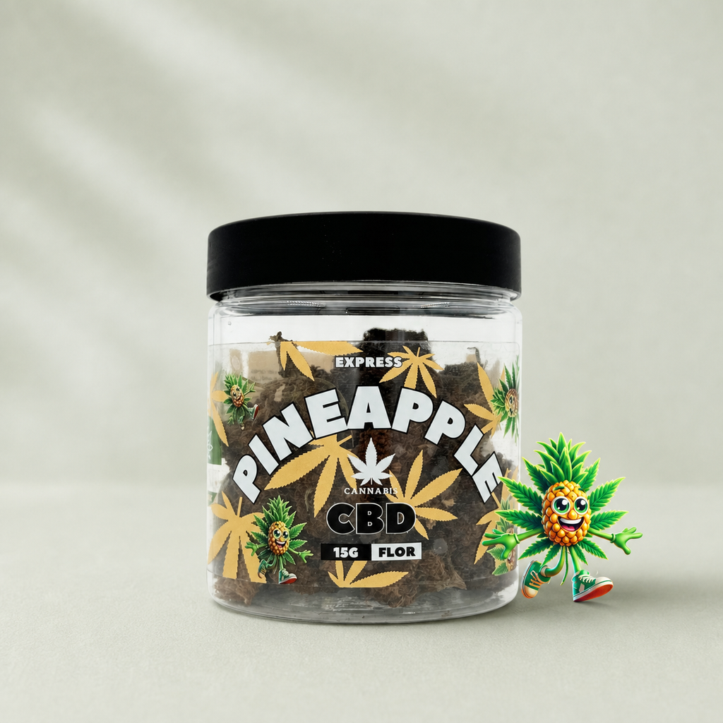 Flor de CBD Pineapple Express 15g sur fond Beldia vert sauge
